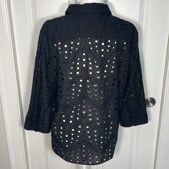 Zara Embroidered Eyelet Shirt Size Large Black Button Up 3/4 Sleeve - Picture 8 of 13